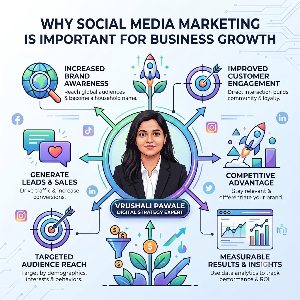 Why Social Media Marketing is Important for Business Growth infographic showing benefits like brand awareness, customer engagement, lead generation, targeted audience reach, measurable results, and competitive advantage.